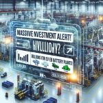 Generate a realistic high-definition image displaying the text 'Massive Investment Alert! Billions for EV Battery Plants!' prominently. The background should be a bustling modern factory setting, with various machinery and high-tech equipment focused on producing electric vehicle batteries. Have visuals of financial graphs, investment figures and currency symbols to illustrate the investment aspect, and a sense of urgency should be conveyed.