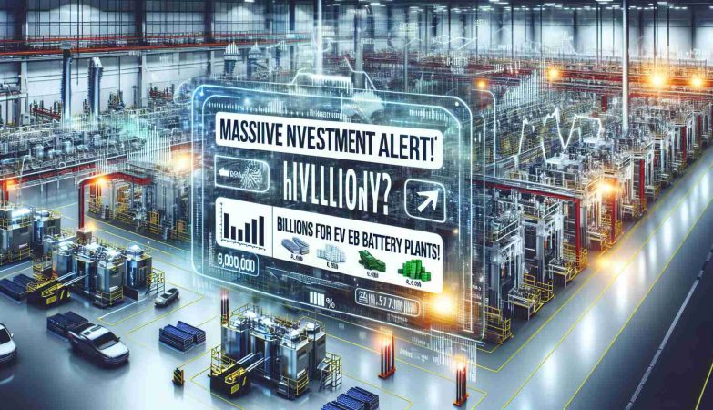 Generate a realistic high-definition image displaying the text 'Massive Investment Alert! Billions for EV Battery Plants!' prominently. The background should be a bustling modern factory setting, with various machinery and high-tech equipment focused on producing electric vehicle batteries. Have visuals of financial graphs, investment figures and currency symbols to illustrate the investment aspect, and a sense of urgency should be conveyed.