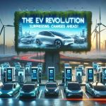 Create a high-definition, realistic image that depicts the future of electric vehicles (EVs). Included in the scene should be a varied collection of new generation electric cars, charging stations with renewable energy sources like wind turbines and solar panels nearby. The futuristic cityscape is buzzing with efficient, clean energy systems. On a digital billboard, the words 'The EV Revolution: Surprising Changes Ahead!' are brightly illuminated, reflecting the anticipation and excitement around the transformation of the automotive industry due to the rise of electric vehicles.