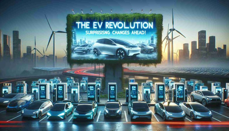 Create a high-definition, realistic image that depicts the future of electric vehicles (EVs). Included in the scene should be a varied collection of new generation electric cars, charging stations with renewable energy sources like wind turbines and solar panels nearby. The futuristic cityscape is buzzing with efficient, clean energy systems. On a digital billboard, the words 'The EV Revolution: Surprising Changes Ahead!' are brightly illuminated, reflecting the anticipation and excitement around the transformation of the automotive industry due to the rise of electric vehicles.