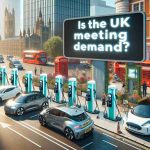 Create an ultra high-definition picture that showcases the ongoing revolution of electric car charging in the UK and questions if the demand is being met. The image offers a glimpse into modern urban life with charging stations for electric vehicles cropping up across the city landscape. It captures a mix of different models of electric cars from various manufacturers charging. The scene should be bustling, showing the lively activity related to this growing trend. The surrounding environment could include elements typical of the UK such as a red telephone booth or a double-decker bus (in the background). The question 'Is the UK Meeting Demand?' visibly hovers over the scene as text.