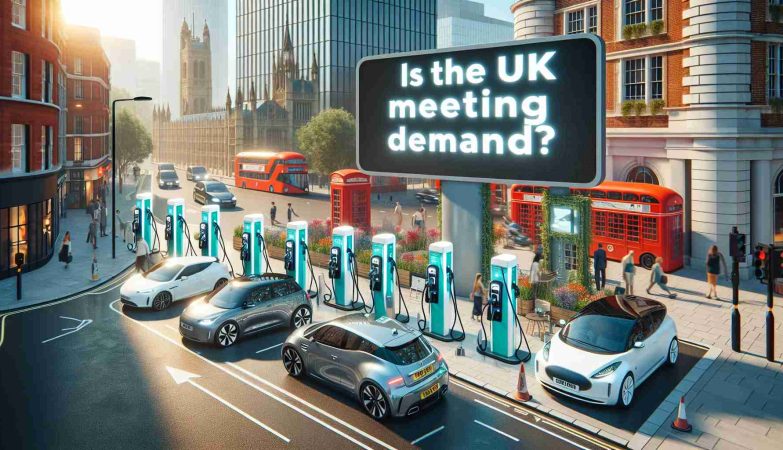 Create an ultra high-definition picture that showcases the ongoing revolution of electric car charging in the UK and questions if the demand is being met. The image offers a glimpse into modern urban life with charging stations for electric vehicles cropping up across the city landscape. It captures a mix of different models of electric cars from various manufacturers charging. The scene should be bustling, showing the lively activity related to this growing trend. The surrounding environment could include elements typical of the UK such as a red telephone booth or a double-decker bus (in the background). The question 'Is the UK Meeting Demand?' visibly hovers over the scene as text.