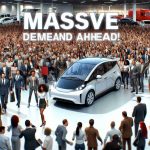 Realistic, high-definition image depicting the explosion in popularity of electric vehicles. This could be represented by an impressively large group of diverse people (men, women, individuals of Hispanic, Black, Middle-Eastern, Caucasian, South Asian descent) excitedly gathering around electric cars at a dealership or automotive event, looking eager and enthusiastic. The words 'Massive Demand Ahead!' could be displayed in bold letters over the scene, capturing the sense of impending success and growth.