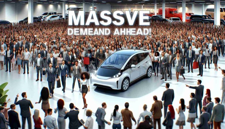 Realistic, high-definition image depicting the explosion in popularity of electric vehicles. This could be represented by an impressively large group of diverse people (men, women, individuals of Hispanic, Black, Middle-Eastern, Caucasian, South Asian descent) excitedly gathering around electric cars at a dealership or automotive event, looking eager and enthusiastic. The words 'Massive Demand Ahead!' could be displayed in bold letters over the scene, capturing the sense of impending success and growth.