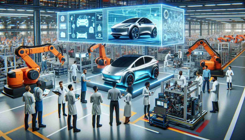 Generate a highly realistic and detailed image illustrating the future of Canada's electric vehicle industry, visualizing a fundamental shift in its strategy. The image could contain futuristic electric cars being assembled in an advanced manufacturing plant. Diverse factory workers, including a female South Asian plant supervisor, a male Hispanic robotic engineer, a Middle-Eastern female electrical engineer, and a black male process engineer, are seen discussing and working in harmony. Large screens display digital blueprints and future plans, while robots work alongside humans, representing a blend of human skills and automation.