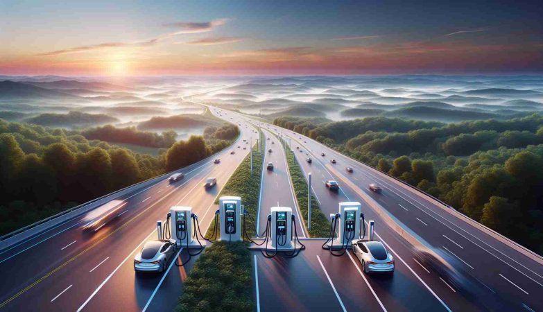 Generate a high definition, realistic image depicting the future of electric vehicle charging infrastructure in Kentucky. Include expansive highways with modern, sleek charging stations equipped with multiple charging points. Add in some electric vehicles charging at the stations, shortly before sunset, to elicit a sense of progress and environmental consciousness.