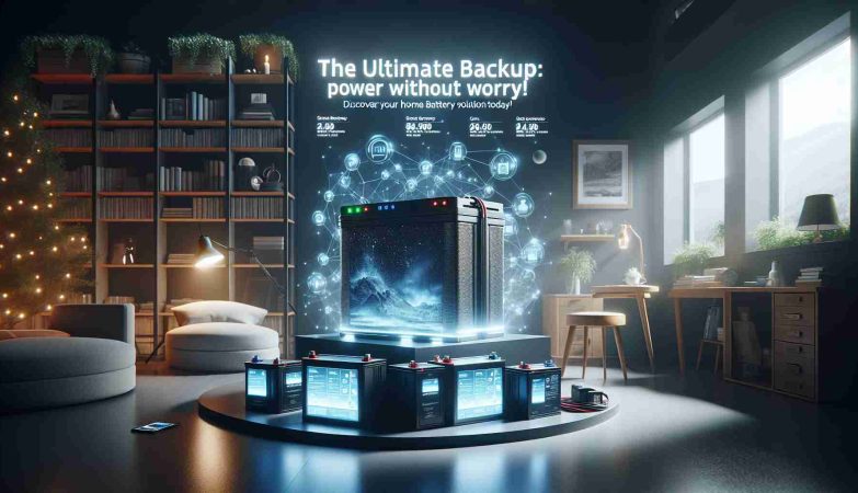 A realistic, high-definition image showcasing a powerful home battery solution. This home battery is presented as the ultimate backup, providing power without any worry. The scene captures the innovative technology designed for residential use. The atmosphere suggests reliability, advanced technology, and peace of mind, and the text on the image reads 'The Ultimate Backup: Power Without Worry! Discover Your Home Battery Solution Today!'