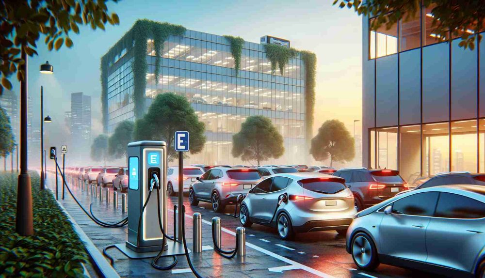 Generate a photorealistic, high-definition image depicting the storyline of an electric vehicle charging company making a surprising comeback. Include an EV charging station, with signs of revival evident in a busy atmosphere of electric cars waiting in queue, and the company's corporate office in the background, showing signs of bustling activity.