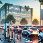 Generate a photorealistic, high-definition image depicting the storyline of an electric vehicle charging company making a surprising comeback. Include an EV charging station, with signs of revival evident in a busy atmosphere of electric cars waiting in queue, and the company's corporate office in the background, showing signs of bustling activity.