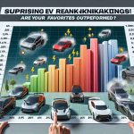 Generate a realistic, high-definition image of a graphic visualizing surprising Electric Vehicle (EV) rankings. The graphic should display a shocking hierarchy of various unnamed electric cars, with some that are commonly popular being superseded in performance by less-known models. Add a title reading 'Surprising EV Rankings Reveal Shocking Results! Are Your Favorites Outperformed?'