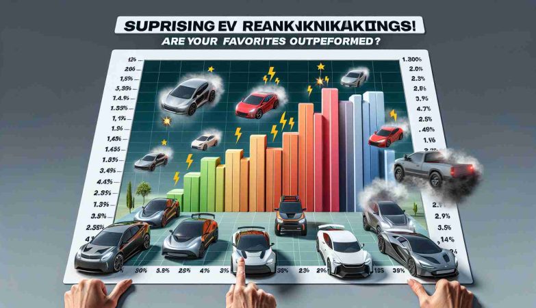 Generate a realistic, high-definition image of a graphic visualizing surprising Electric Vehicle (EV) rankings. The graphic should display a shocking hierarchy of various unnamed electric cars, with some that are commonly popular being superseded in performance by less-known models. Add a title reading 'Surprising EV Rankings Reveal Shocking Results! Are Your Favorites Outperformed?'