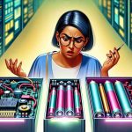 Illustration of a perplexed individual in the process of deciding between two powerhouse batteries. One battery is standard-looking, while the other is surprisingly designed with an eclectic mix of colors and futuristic features. The person making the decision is a South Asian woman with an expression of awe and curiosity on her features. The scene is presented in high definition and a realistic style, providing a clear view of the details.