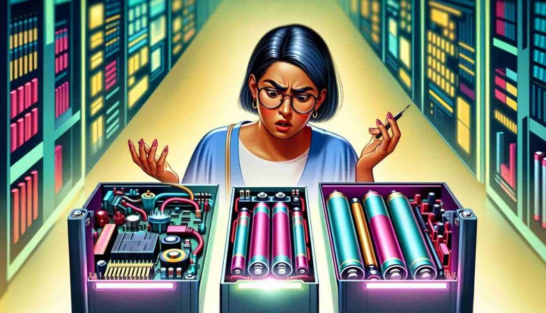 Illustration of a perplexed individual in the process of deciding between two powerhouse batteries. One battery is standard-looking, while the other is surprisingly designed with an eclectic mix of colors and futuristic features. The person making the decision is a South Asian woman with an expression of awe and curiosity on her features. The scene is presented in high definition and a realistic style, providing a clear view of the details.