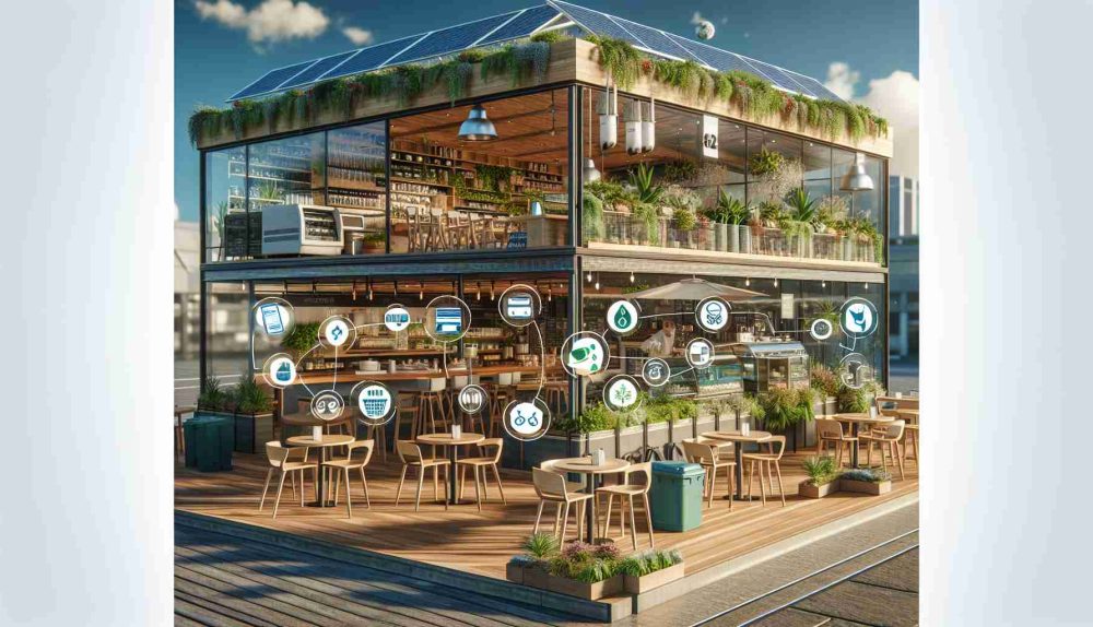 Realistic image illustrating the concept of sustainability being unleashed in a café setting. Show a detailed scene of a café that represents an embodiment of the Green Revolution. The café should have features indicating energy efficiency, waste reduction, and an overall eco-friendly atmosphere. Please include all sorts of environmentally friendly materials and practices, such as recyclable cups, solar panels on the roof, indoor plants for cleaner air, compost bins, and a rainwater harvesting system. The café should have a modern appearance that indicates high resolution and quality.