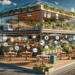 Realistic image illustrating the concept of sustainability being unleashed in a café setting. Show a detailed scene of a café that represents an embodiment of the Green Revolution. The café should have features indicating energy efficiency, waste reduction, and an overall eco-friendly atmosphere. Please include all sorts of environmentally friendly materials and practices, such as recyclable cups, solar panels on the roof, indoor plants for cleaner air, compost bins, and a rainwater harvesting system. The café should have a modern appearance that indicates high resolution and quality.