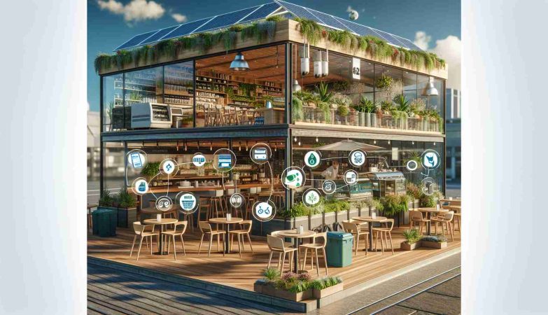 Realistic image illustrating the concept of sustainability being unleashed in a café setting. Show a detailed scene of a café that represents an embodiment of the Green Revolution. The café should have features indicating energy efficiency, waste reduction, and an overall eco-friendly atmosphere. Please include all sorts of environmentally friendly materials and practices, such as recyclable cups, solar panels on the roof, indoor plants for cleaner air, compost bins, and a rainwater harvesting system. The café should have a modern appearance that indicates high resolution and quality.