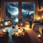 An ultra-high definition, realistic image showcasing the essence of staying powered during power outages. The scene depicts a cozy living room lit up by emergency lights against a backdrop of a stormy night visible through the window. A portable generator hums outside, fueling the warmth inside. The scene should evoke a sense of comfort and security, illuminating a secret haven amidst the chaos of the outage. Key elements in the room could include a wireless battery-powered radio, a kettle put on for tea over a gas stove, and a-filled tray of candles.