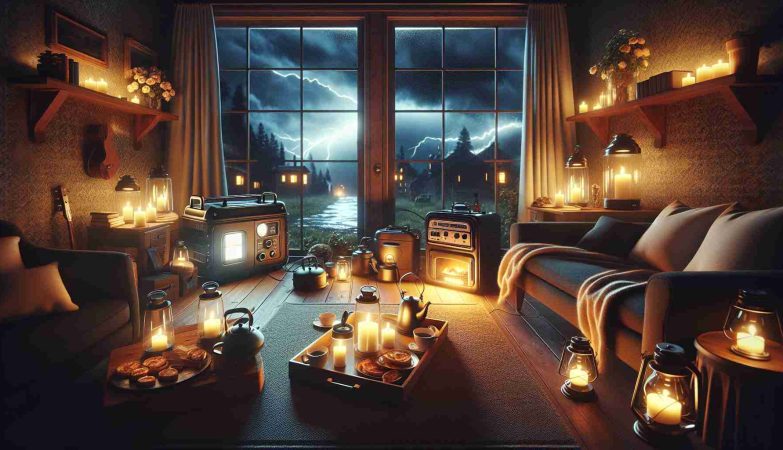 An ultra-high definition, realistic image showcasing the essence of staying powered during power outages. The scene depicts a cozy living room lit up by emergency lights against a backdrop of a stormy night visible through the window. A portable generator hums outside, fueling the warmth inside. The scene should evoke a sense of comfort and security, illuminating a secret haven amidst the chaos of the outage. Key elements in the room could include a wireless battery-powered radio, a kettle put on for tea over a gas stove, and a-filled tray of candles.