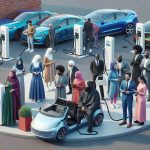 Create a high-definition, realistic image illustrating increased access to electric vehicles for all. The scene should depict a diverse group of people representing various descents including Caucasian, Hispanic, Black, Middle-Eastern, and South Asian, all engaging with electric vehicle charging stations. They could be plugging in their cars, waiting for them to charge, or perhaps discussing the benefits of electric vehicles. The emphasis of the scene should be on bridging the 'charging gap', demonstrating how everyone, regardless of their background, can benefit from and participate in this eco-friendly practice.