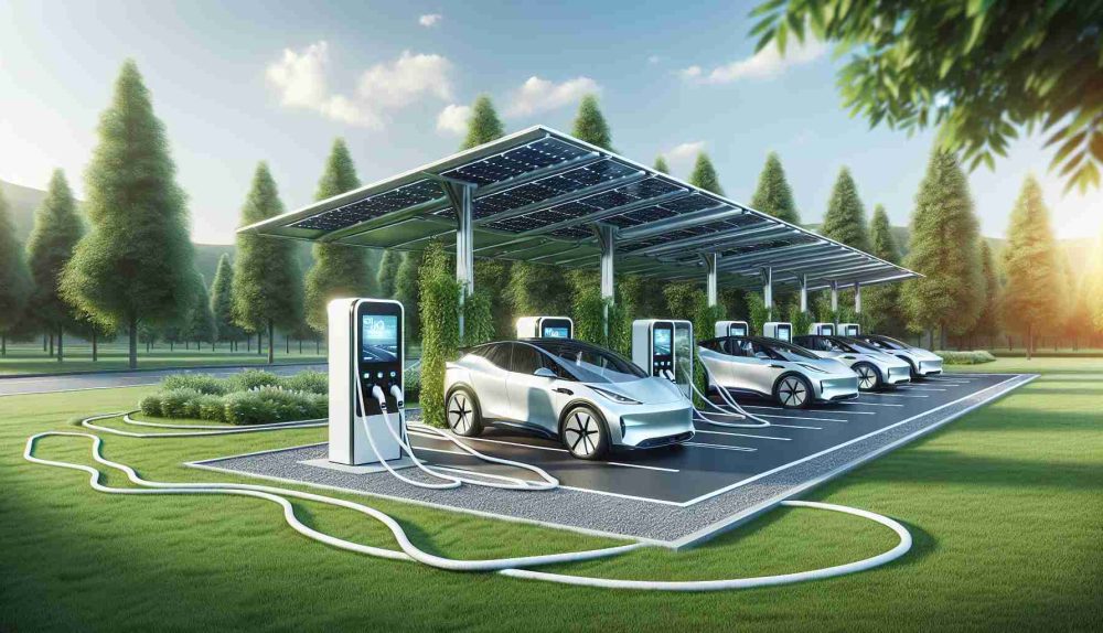 Generate a HD realistic image of the future of fuel transformation: Modern electric vehicle charging stations. Picture a state-of-the-art, solar-powered charging station located in a lush, green park. It's a sunny day. The station has multiple charging ports and LED screens displaying information, with sleek and futuristic electric cars docked at each port. The cable lines are neatly organized, adding to the clean aesthetic. The overall scene signifies advancement in technology and sustainability for the environment.