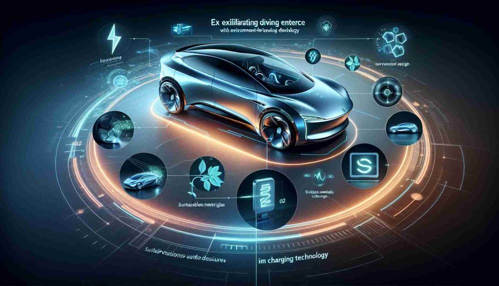 An accurately illustrated rendering of the future of electric cars. Depict an advanced, futuristic-looking electric car, with key features highlighted. Display unique aspects such as a swift curvy design, a digital dashboard, ultra-efficient engines, sustainable materials used in interior design, and the latest in charging technology. Consider showing icons or symbols to represent these advanced features. Please add a tagline that suggests an exhilarating driving experience with environment-friendly features. Make the image realistic and with HD quality.