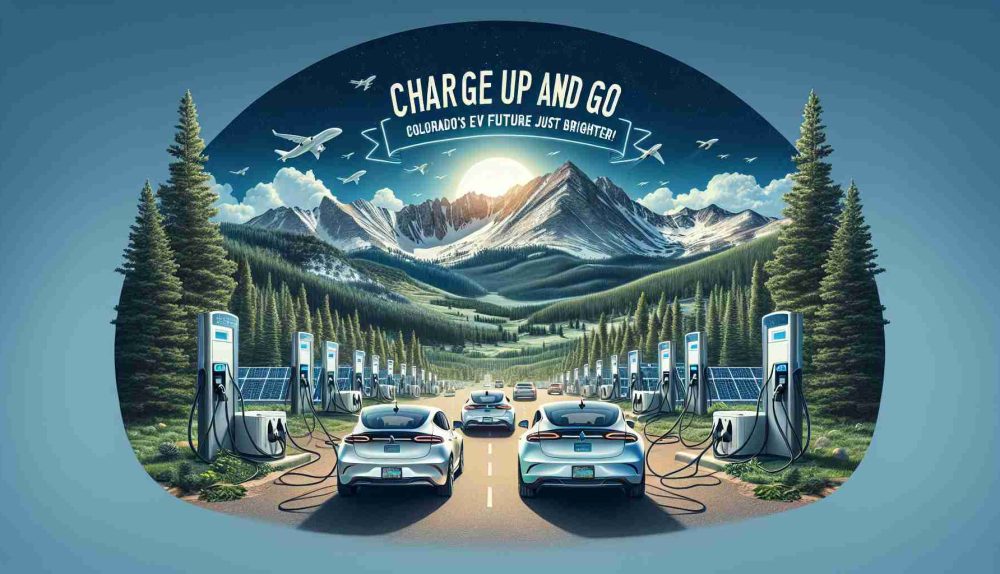 Generate a high-definition, realistic image representing the bright future of electric vehicles (EVs) in Colorado. This should include the majestic scenery of Colorado's landscapes, with mountains, forests and clear blue skies, as well as state-of-the-art EVs charging at solar-powered charging stations. Emphasize an aura of cleanliness, sustainability, and modernity that expresses the message 'Charge Up and Go: Colorado’s EV Future Just Got Brighter!'