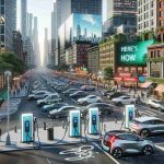 A highly detailed and realistic picture of New York City undergoing a revolution with electric vehicle charging infrastructure. Visualize a bustling urban scene with high rise buildings, busy streets, and diverse citizens of varying descents. Amongst the regular street scenes, numerous electric vehicle charging stations are seen prominently in this vision of a sustainable future. They're strategically located in parking lots, street corners, and near commercial buildings. Various electric cars of different shapes, sizes and colors are plugged in, charging. LED screens on the charging stations display 'Here's How' as a slogan for this green revolution.