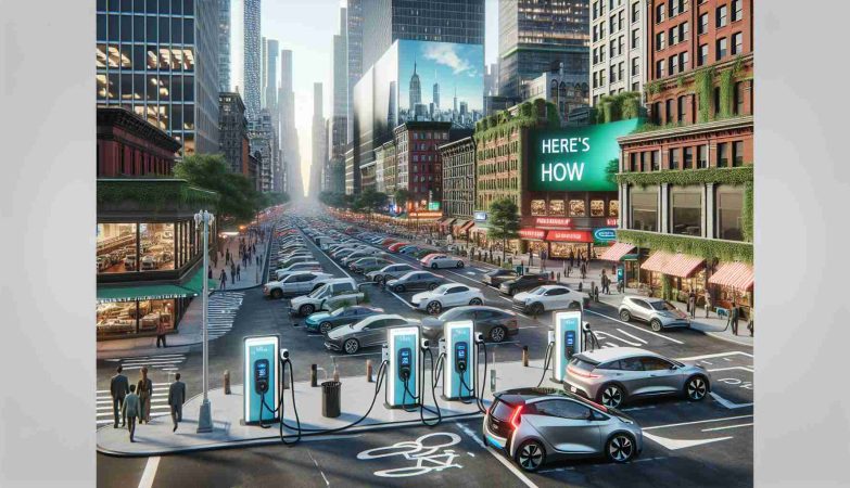 A highly detailed and realistic picture of New York City undergoing a revolution with electric vehicle charging infrastructure. Visualize a bustling urban scene with high rise buildings, busy streets, and diverse citizens of varying descents. Amongst the regular street scenes, numerous electric vehicle charging stations are seen prominently in this vision of a sustainable future. They're strategically located in parking lots, street corners, and near commercial buildings. Various electric cars of different shapes, sizes and colors are plugged in, charging. LED screens on the charging stations display 'Here's How' as a slogan for this green revolution.