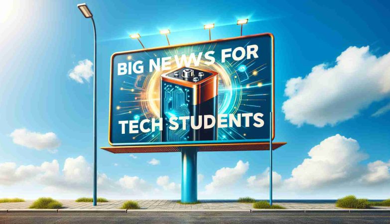 An image showing a billboard-style announcement. The billboard is brightly colored and placed against a blue sky with fluffy white clouds. The words 'Big News for Tech Students!' are written in large, bold letters at the top. Below this headline is an eye-catching image of a high-tech, futuristic battery; glowing lines and circles highlight its innovative features. Beneath the image, the text 'A Game-Changer in Battery Education' is written clearly. This scene should depict the excitement and importance of this announcement, demonstrating a breakthrough in the field of technology education.