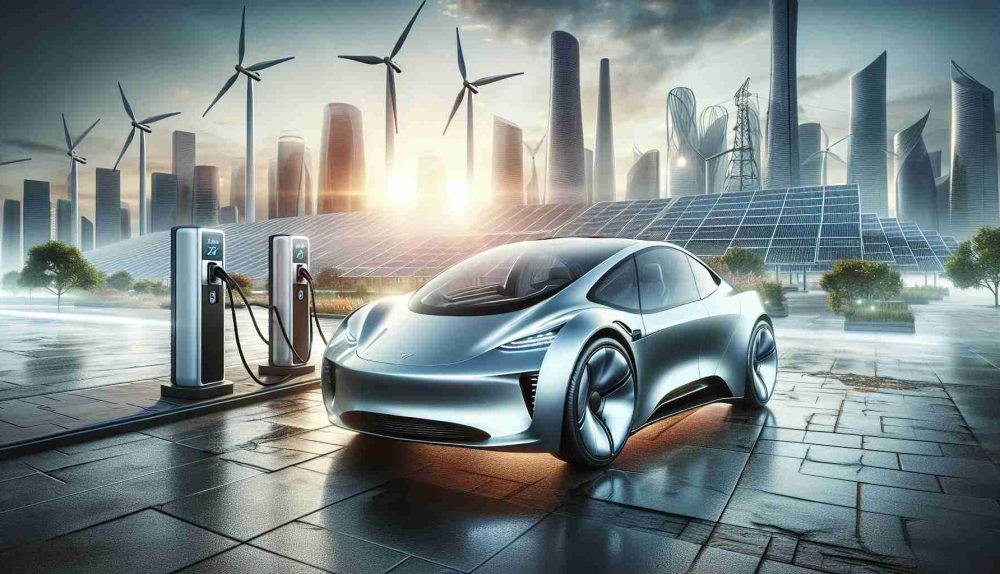 High definition, realistic image of groundbreaking electric vehicles. Show a sleek, modern design with an environmentally friendly touch. Depict the vehicle as aerodynamic and energy-efficient, set against a futuristic city backdrop with renewable energy infrastructures, perhaps wind turbines or solar panels. Include charging stations in the scene, symbolizing a world moving towards a sustainable future.