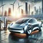 High definition, realistic image of groundbreaking electric vehicles. Show a sleek, modern design with an environmentally friendly touch. Depict the vehicle as aerodynamic and energy-efficient, set against a futuristic city backdrop with renewable energy infrastructures, perhaps wind turbines or solar panels. Include charging stations in the scene, symbolizing a world moving towards a sustainable future.