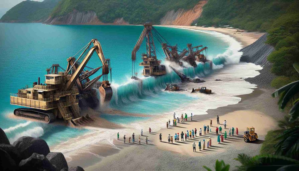 Create a realistic detailed image that depicts industrial mining activity taking place along the coastline of a tropical region. Show heavy machinery, marked by dust and grime, hard at work. Sea waves should be lapping onto the shore nearby, hinting at the juxtaposition of the serene natural beauty and the industrial activity. Nearby, include a small group of community members, diverse in age and gender, observing the scene with varying expressions of concern, dismay, or resignation, highlighting the potential environmental impact of such operations on coastal communities.