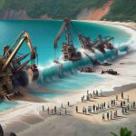 Create a realistic detailed image that depicts industrial mining activity taking place along the coastline of a tropical region. Show heavy machinery, marked by dust and grime, hard at work. Sea waves should be lapping onto the shore nearby, hinting at the juxtaposition of the serene natural beauty and the industrial activity. Nearby, include a small group of community members, diverse in age and gender, observing the scene with varying expressions of concern, dismay, or resignation, highlighting the potential environmental impact of such operations on coastal communities.