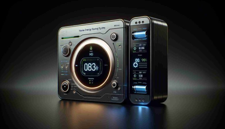 Generate a crisp, HD photo that visualizes the concept of advanced future home energy saving technology. This device should evoke the feeling of sophistication and innovation similar to a third-generation home battery system. Include indicators, such as a digital display showing energy generation and consumption statistics, as well as sleek, modern design components. Stay away from specific branding and use a non-descript name for the device.