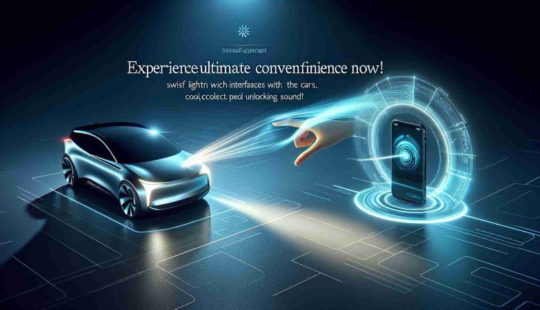 A rendering of a futuristic technology concept where an individual uses a swift flick of their wrist to unlock a sleek, modern electric car. The scene displays the moment of interaction, as the person's wrist motion catches the early afternoon light, triggering a light beam which interfaces with the car's system, resulting in a cool, collected unlocking sound. Written above the scene in elegant, inviting text are the words: 'Experience Ultimate Convenience Now!'