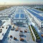 High-resolution image of an expansive electric vehicle battery production facility in Windsor, nearing the final stages of construction. The sight is impactful and anticipates the drive towards a greener future. Display elements of modern architecture and cutting-edge technology spread across the factory floor. Visible are, plenty of solar panels on the factory roofs capturing sunlight, wind turbines at a distance adding to sustainable practices, and workers of varied descents and genders actively participating in the construction and setup.