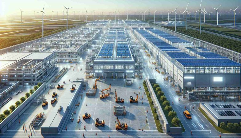 High-resolution image of an expansive electric vehicle battery production facility in Windsor, nearing the final stages of construction. The sight is impactful and anticipates the drive towards a greener future. Display elements of modern architecture and cutting-edge technology spread across the factory floor. Visible are, plenty of solar panels on the factory roofs capturing sunlight, wind turbines at a distance adding to sustainable practices, and workers of varied descents and genders actively participating in the construction and setup.