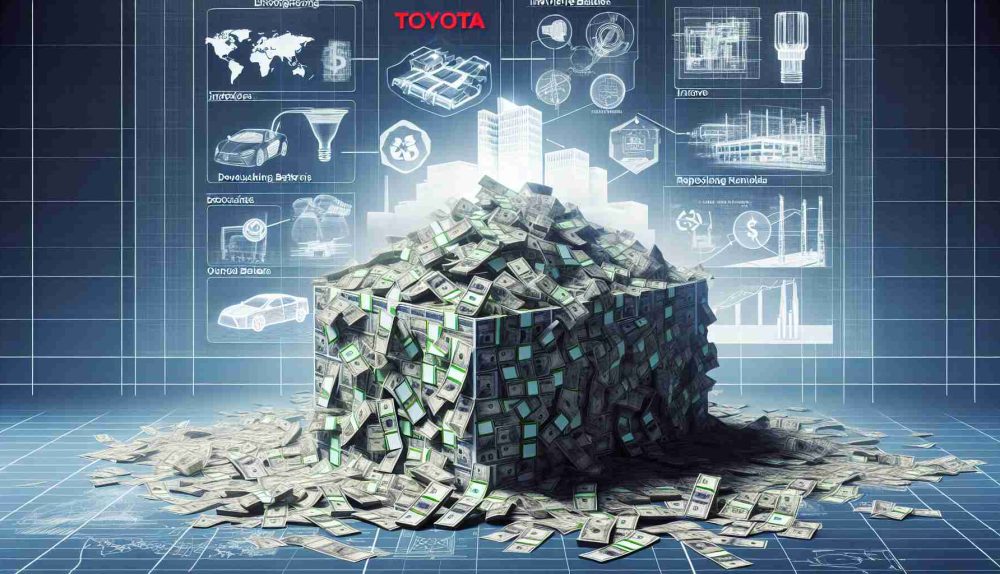 A high-definition, realistic image showing a large pile of banknotes, symbolizing a substantial monetary investment. The surrounding imagery should indicate a focus on inventive, groundbreaking approaches to developing, recycling, and repurposing batteries for electric vehicles. This could include, for instance, blueprints or schematics of an innovative battery or a high-tech recycling lab. Toyota's logo on a banner behind the pile of money, implying that this automotive company is leading the initiative.