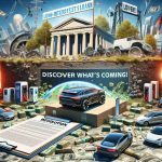 A detailed portrayal of a colossal and exciting shift in the automotive industry, specifically the transition from fossil fuels to sustainable energy solutions like electric vehicles. The scene includes a sizeable low-interest loan made out to a visionary company, symbolized by stacks of money or agreement documents. The backdrop indicates a revolution, rich with electric vehicles of various designs and innovative charging solutions. A text overlay exclaims, 'Discover What's Coming!' The composition aims to capture the excitement and significance of this moment in time and its impact on future transportation.