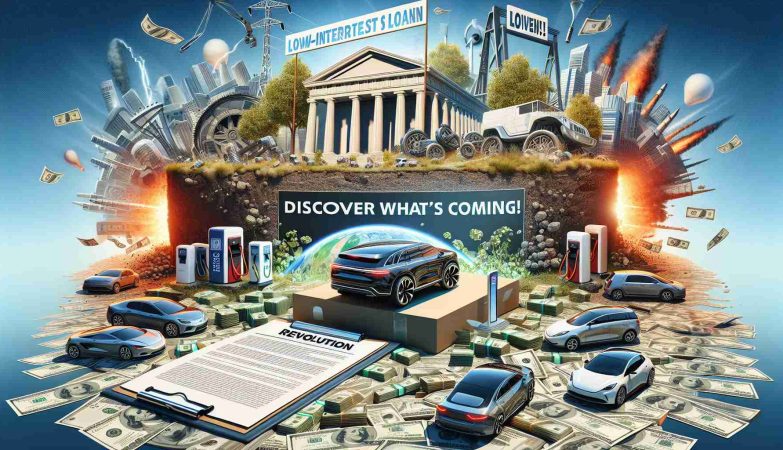 A detailed portrayal of a colossal and exciting shift in the automotive industry, specifically the transition from fossil fuels to sustainable energy solutions like electric vehicles. The scene includes a sizeable low-interest loan made out to a visionary company, symbolized by stacks of money or agreement documents. The backdrop indicates a revolution, rich with electric vehicles of various designs and innovative charging solutions. A text overlay exclaims, 'Discover What's Coming!' The composition aims to capture the excitement and significance of this moment in time and its impact on future transportation.