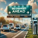 A realistic high-definition image depicting the concept of 'Big Changes Ahead for Electric Vehicles'. This includes a road sign with the phrase 'Big Changes Ahead' standing on the side of a sunny highway. Ahead, a fleet of different types of electric vehicles, including cars and vans, can be seen charging at a hybrid vehicle charging station. Attention is also drawn to a billboard highlighting 'Top Hybrids Now' with images of top electric hybrid vehicles, the rays of the sun reflecting on their sleek exteriors.