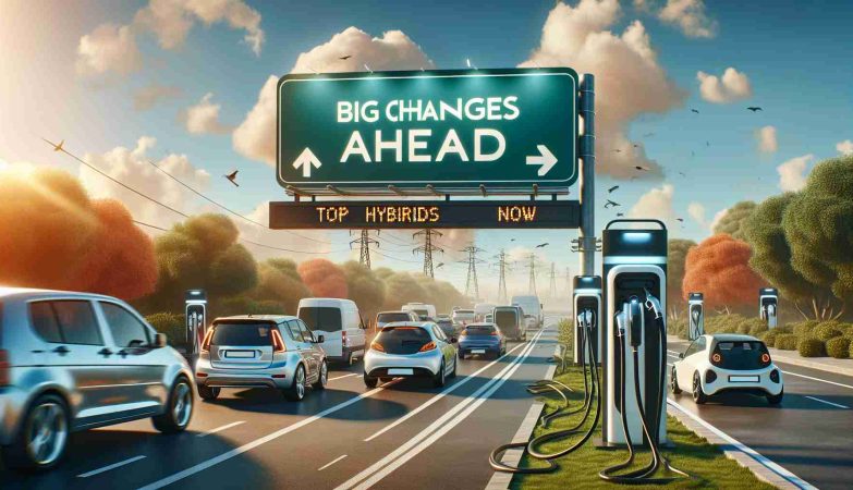 A realistic high-definition image depicting the concept of 'Big Changes Ahead for Electric Vehicles'. This includes a road sign with the phrase 'Big Changes Ahead' standing on the side of a sunny highway. Ahead, a fleet of different types of electric vehicles, including cars and vans, can be seen charging at a hybrid vehicle charging station. Attention is also drawn to a billboard highlighting 'Top Hybrids Now' with images of top electric hybrid vehicles, the rays of the sun reflecting on their sleek exteriors.