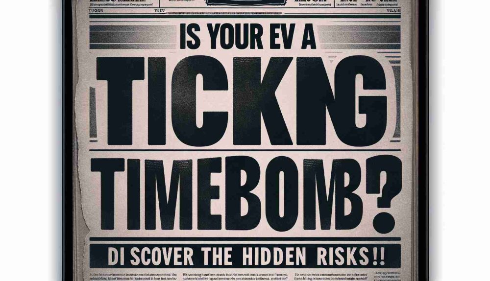 Realistic, high-definition image of a bold typography headline on newspaper or magazine page that reads, 'Is Your EV a Ticking Time Bomb? Discover the Hidden Risks!' The background should be a newsprint texture, and the lettering should be black and blocky, typical of a headlining news story. There's a sense of impending danger and urgency conveyed by the words.