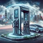 A detailed, high-definition digital photo depicting the evolution of power charging stations. Foreground showcases a technologically advanced, futuristic charging station complete with high-speed capabilities and modern design. Background fades into depiction of a bustling cityscape, showing a world rapidly adapting to the 'Electric Revolution'. Illuminated text visible in the cloudy sky reads 'Are You Ready for the Electric Revolution? The Future of Charging Stations is Here!'.