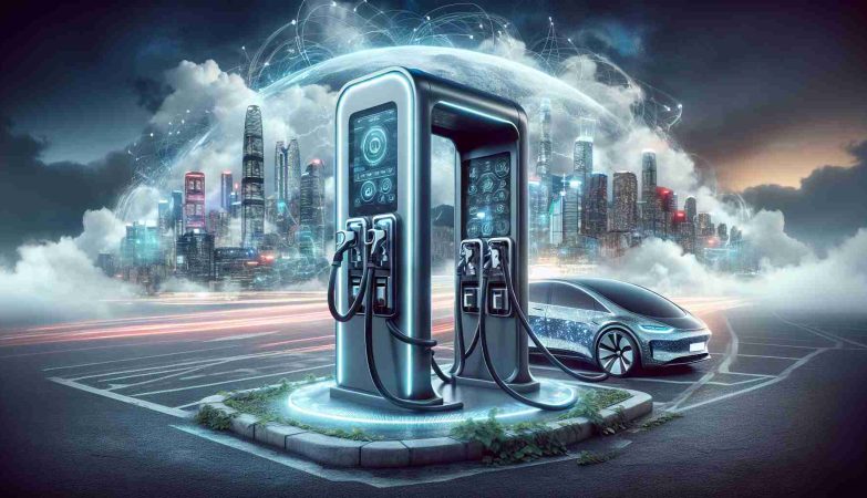 A detailed, high-definition digital photo depicting the evolution of power charging stations. Foreground showcases a technologically advanced, futuristic charging station complete with high-speed capabilities and modern design. Background fades into depiction of a bustling cityscape, showing a world rapidly adapting to the 'Electric Revolution'. Illuminated text visible in the cloudy sky reads 'Are You Ready for the Electric Revolution? The Future of Charging Stations is Here!'.