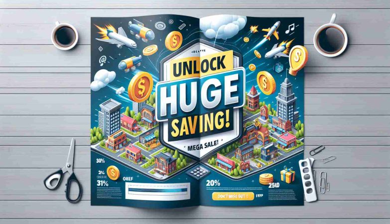 Create a detailed advertisement with a realistic visual detailing a mega sale event. The headline should read 'Unlock Huge Savings!' and the subheading should be 'Don't Miss Out on Our Mega Sale!'. Please make sure the quality is High-definition.