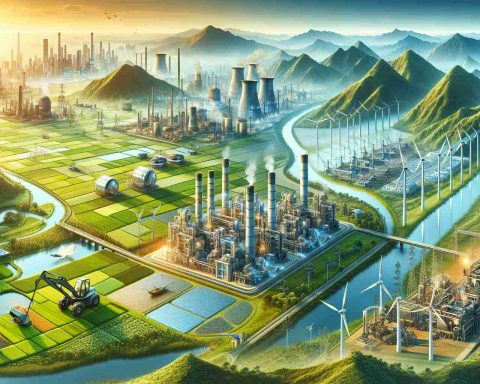 Realistic high-definition illustration representing the transformation of Andhra Pradesh, India. Focus on the new era of industry and energy. Picture depicting industrial equipment, renewable energy sources, state-of-the-art factories set against the backdrop of Andhra Pradesh's unique landscape. Use soaring mountains, lush green rice fields, and long winding rivers as natural elements. Include urban settings showing positive signs of modernisation and advancements in technology.