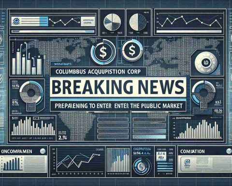 Generate a realistic, high-definition image of a breaking news announcement banner. The banner showcases a significant event in the corporate world: Columbus Acquisition Corp preparing to enter the public market. The banner design should be professional with some finance-related symbols like stock charts and graphs in the background.