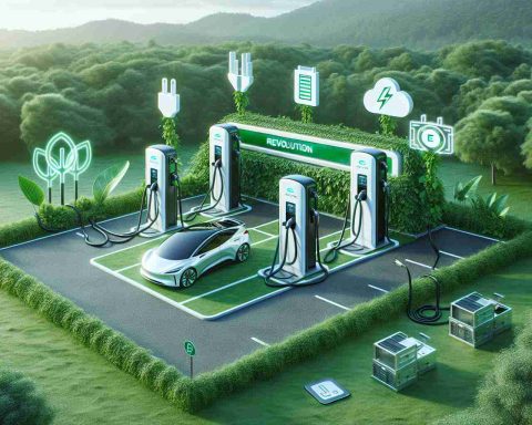 Create a high definition, realistic image showcasing the future prospects of electric vehicle supercharging stations. The scene should depict advanced and modern charging infrastructure sitting harmoniously amidst greenery, indicating progress in sustainable technology. Also, to feed the concept of 'revolution', incorporate symbolic elements like an evolving charging plug or a battery icon embodying growth and change.