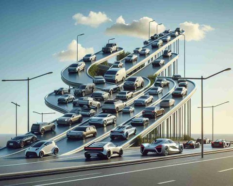 Realistic high-definition concept illustration of the ongoing development in electric vehicle technology, represented symbolically through the image of a ramp leading up towards the sky, with various types of electric vehicles ascending on it. Be sure to depict a range of different electric cars to represent the diversity of the category. The image should not reference any specific company or brand.